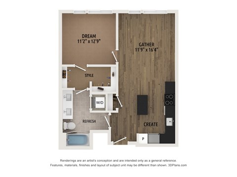 Floor plan for 1 bed, 1 bath, 683 sqft